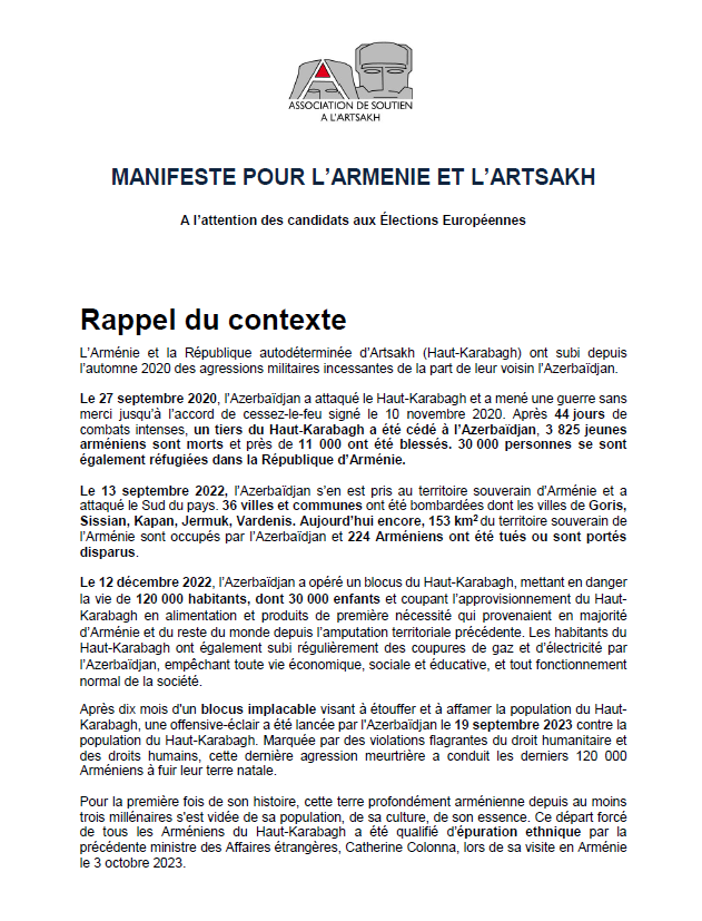 Manifeste pour l'Arménie et l'Artsakh dans le cadre de la campagne des élections européennes 2024